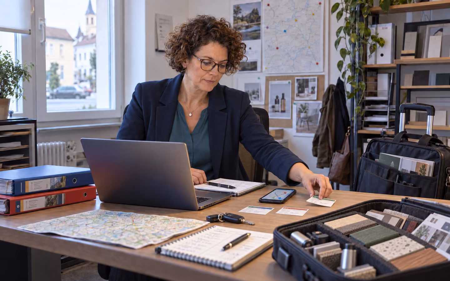 Symbolbild: Selbstständige Handelsvertreterin plant morgens ihre Route und Termine im kleinen Agenturbüro