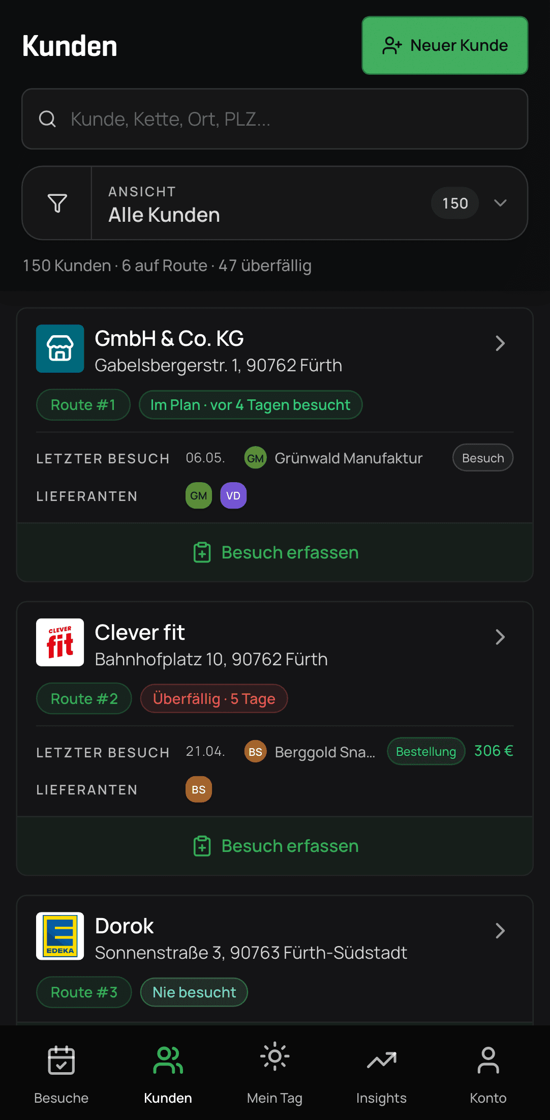 FieldProFlow mobile Kundenliste mit verifizierten Standorten aus mehreren Kategorien