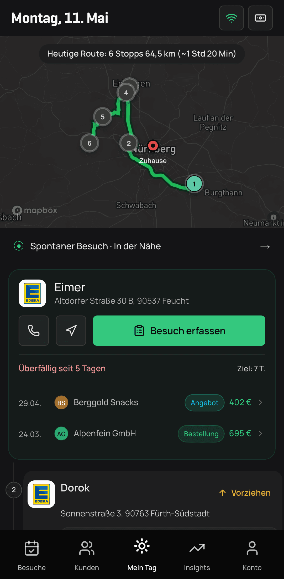 FieldProFlow mobile Mein Tag Ansicht mit Route und nächstem Besuch