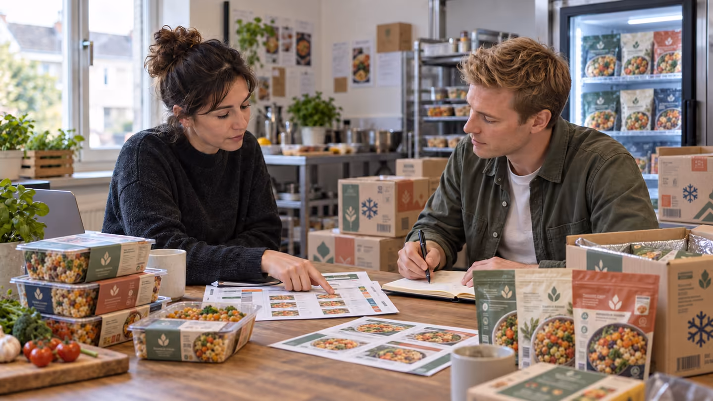 Symbolbild: Gründerin eines jungen Tiefkühlkost-Startups und Handelsvertreter stimmen verpackte Produkte ab