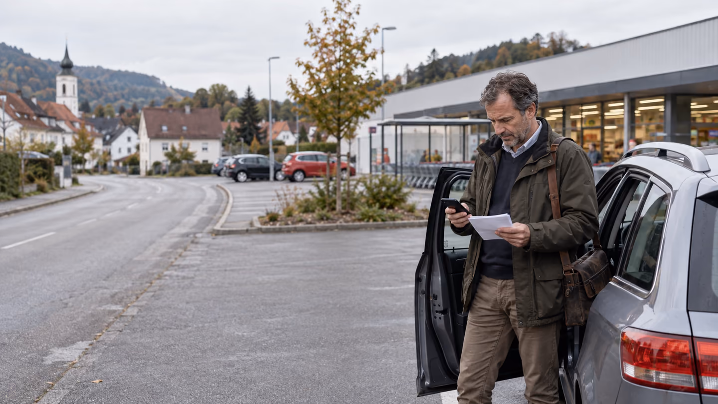 Symbolbild: Handelsvertreter orientiert sich zwischen zwei Marktbesuchen