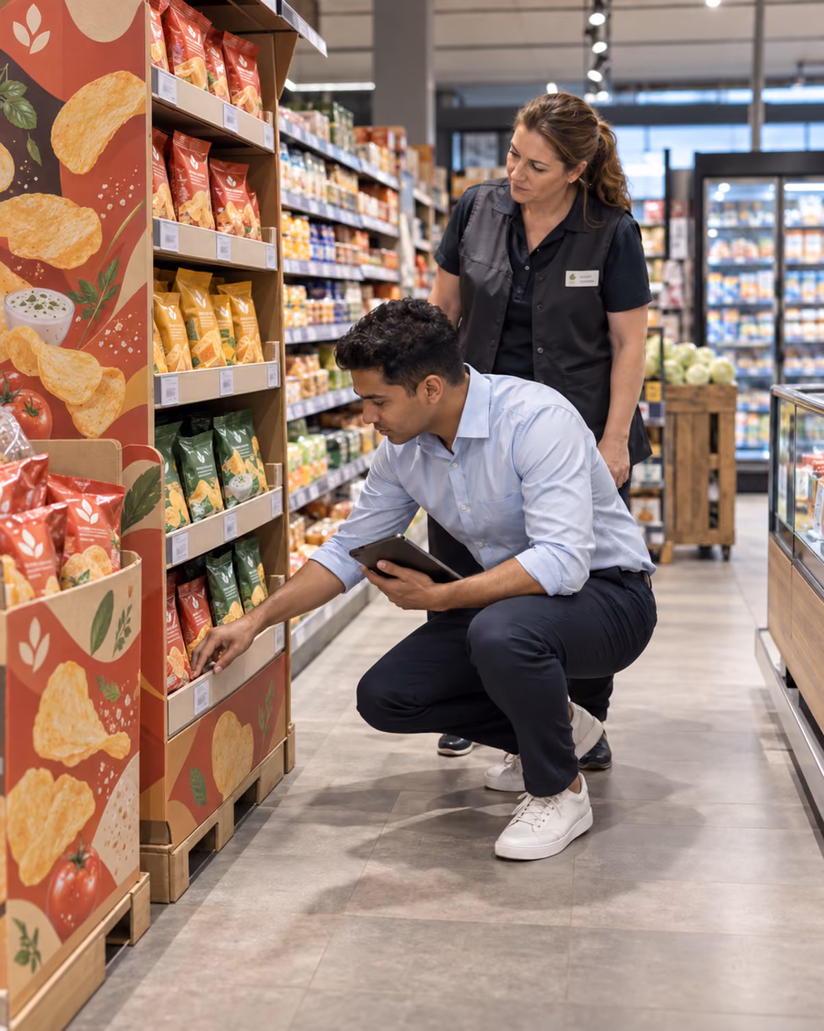 Handelsvertreter prüft gemeinsam mit einer Marktmitarbeiterin einen Aktionsaufsteller im Lebensmittelmarkt