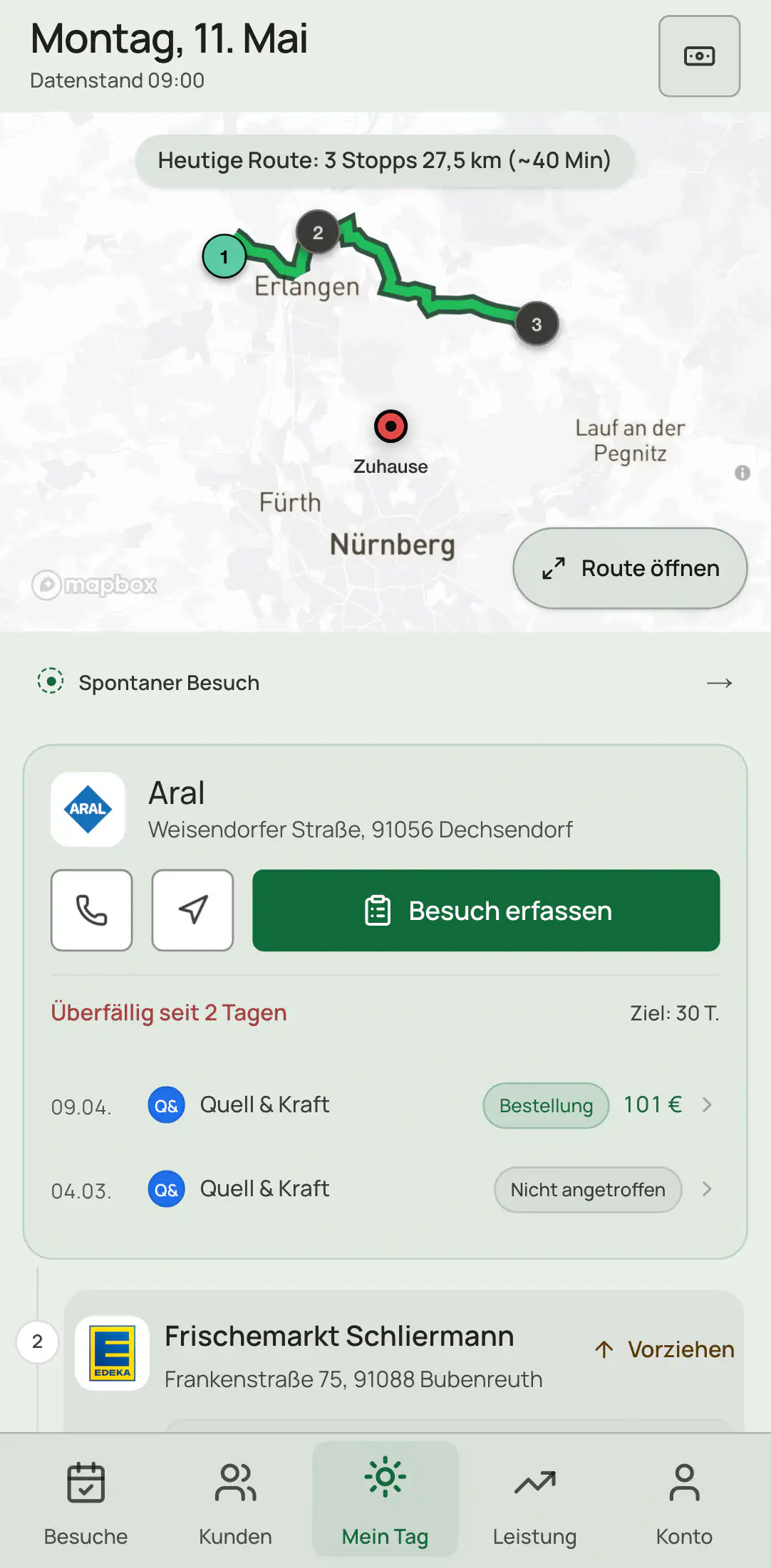FieldProFlow MyDay™ mit drei Stopps, Route und direktem Besuchsstart