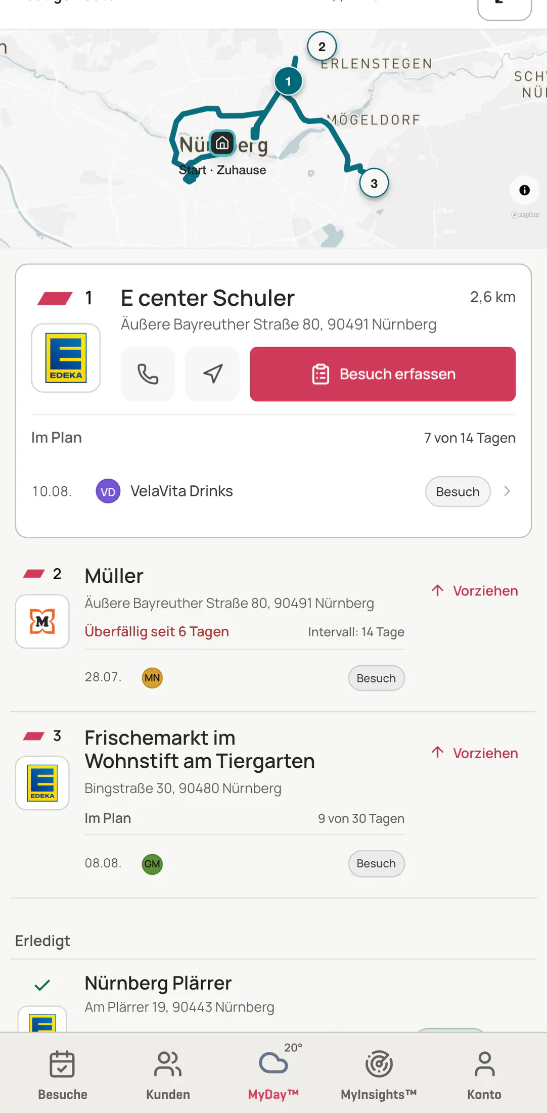 Aktuelle FieldProFlow MyDay™ Demo-Ansicht mit sechs Kundenstopps, davon drei erledigt und drei offen