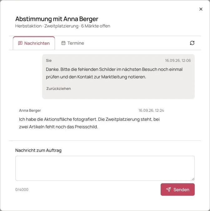 Aktuelle FieldProFlow-Produktoberfläche mit gekennzeichneten Demodaten