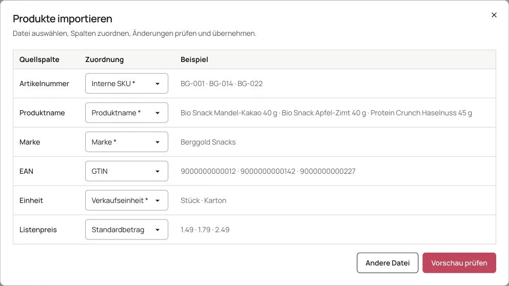 Aktuelle FieldProFlow-Produktoberfläche mit gekennzeichneten Demodaten