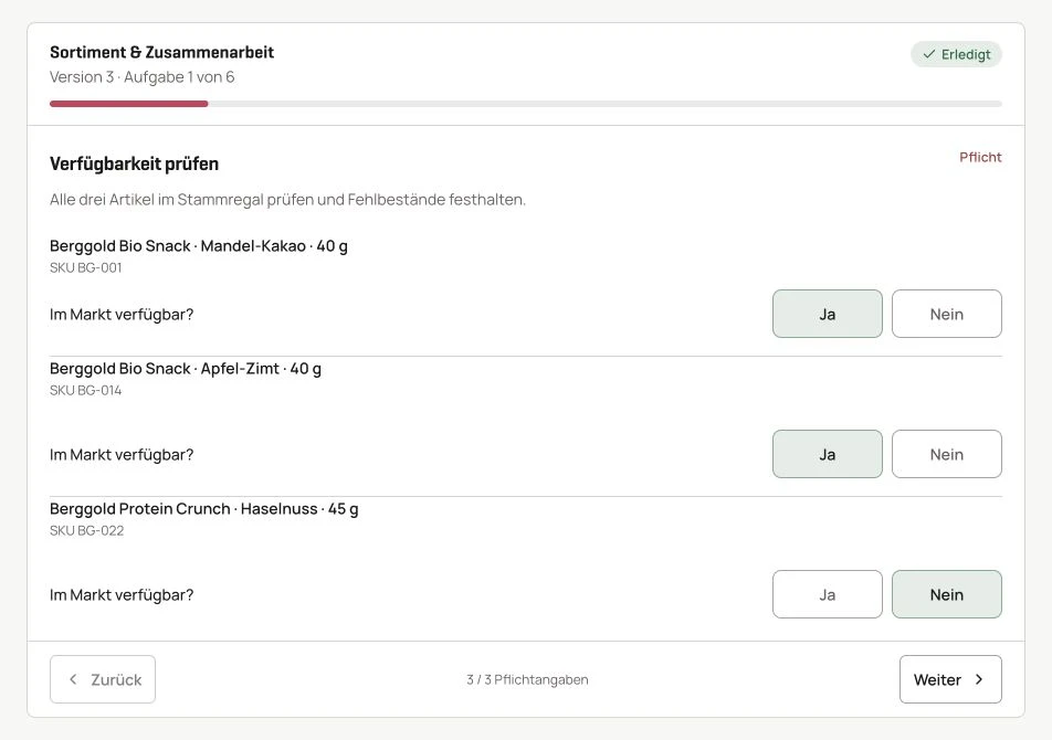 Aktuelle FieldProFlow-Produktoberfläche mit gekennzeichneten Demodaten