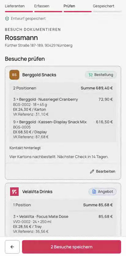 Mobile FieldProFlow-Besuchserfassung mit Bestellung und Besuchsnotiz